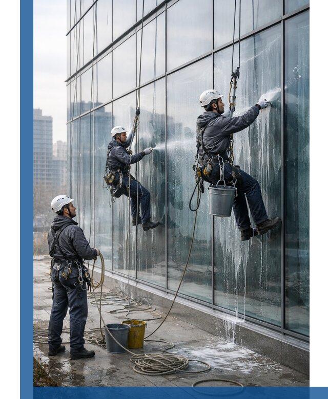 Промышленная мойка панорамных окон на высоте в Устях-Лабинске