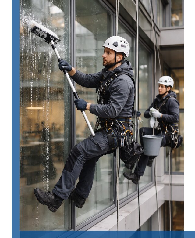 Профессиональная мойка витражей промышленными альпинистами в Устях-Лабинске