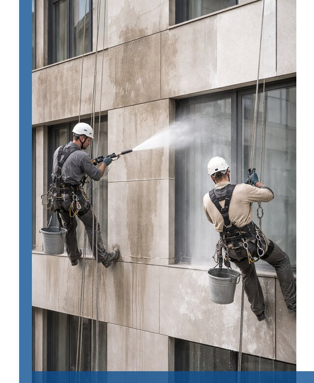 Послестроительная мойка фасада промышленным альпинизмом в Устях-Лабинске