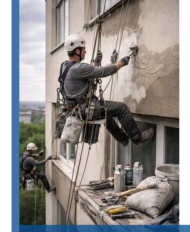 Косметический ремонт фасада зданий в Устях-Лабинске промышленными альпинистами