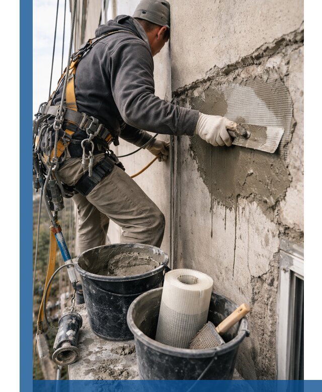 Ремонт бетонных элементов фасада промышленными альпинистами в Устях-Лабинске