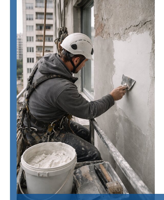 Шпаклевка фасадов на высоте с промальпинистами в Устях-Лабинске