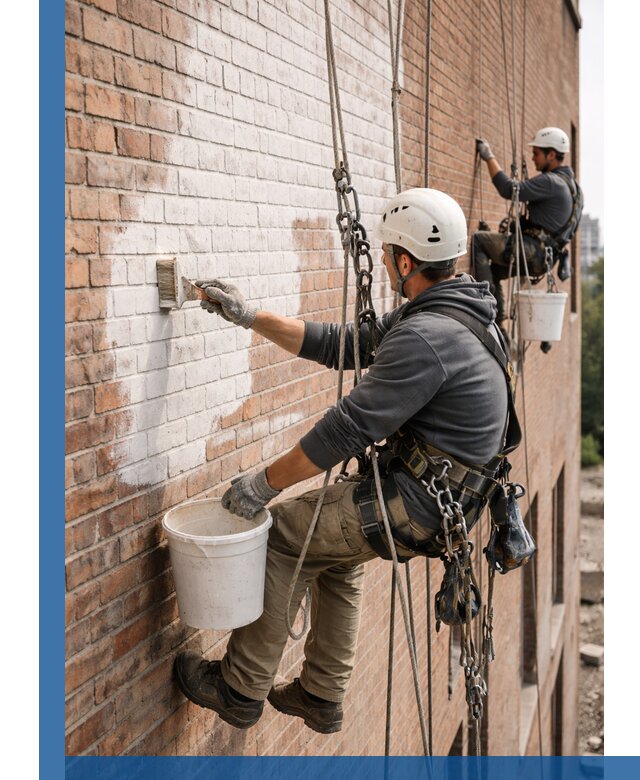 Покраска кирпичного фасада с доступным альпинистским сервисом в Устях-Лабинске