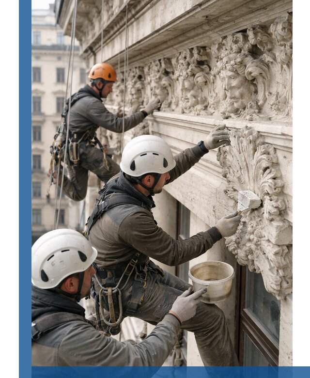 Реставрация фасадной лепнины с высотными работами в Устях-Лабинске