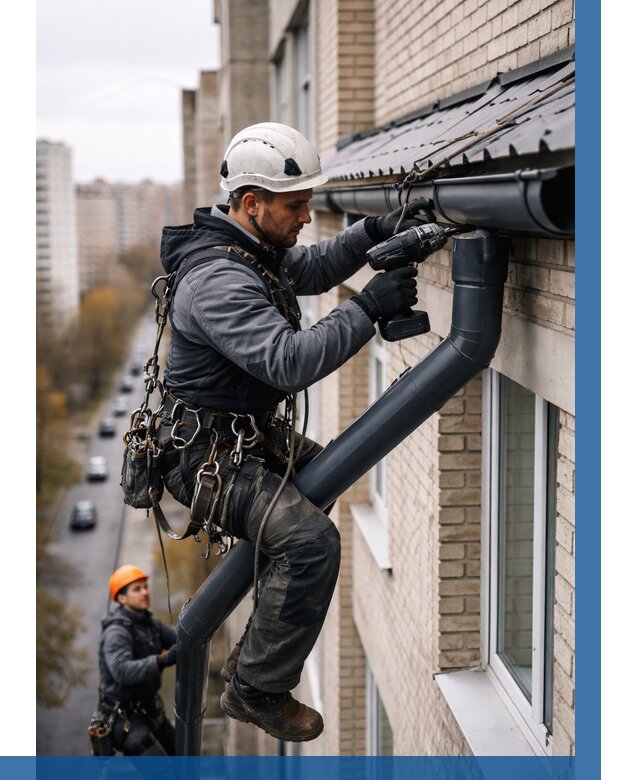 Монтаж водосточной системы на здании в Устях-Лабинске от 5108 р. | ВЫСОТНИК-Улб