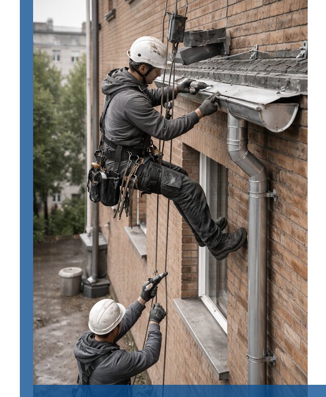 Монтаж водосточной системы на здании в Устях-Лабинске под ключ