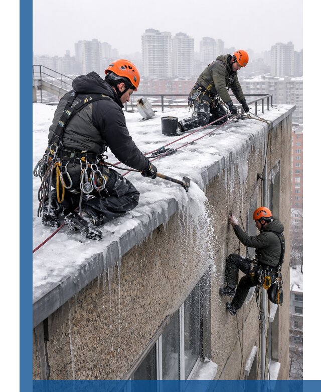 Удаление наледи с кровли в Устях-Лабинске промышленными альпинистами