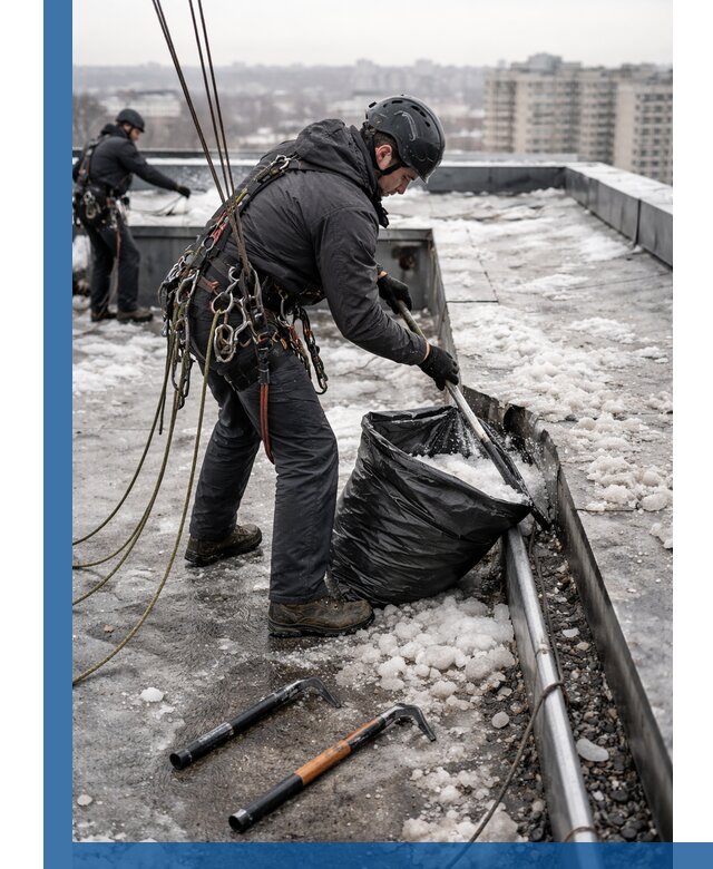 Аварийная очистка кровли в Устях-Лабинске от промальпинистов