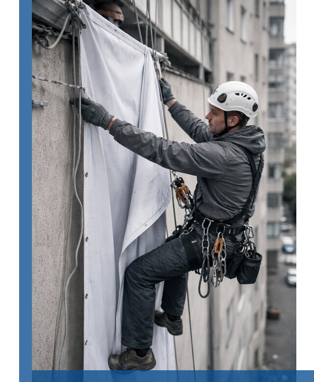 Замена баннерного полотна промышленными альпинистами в Устях-Лабинске