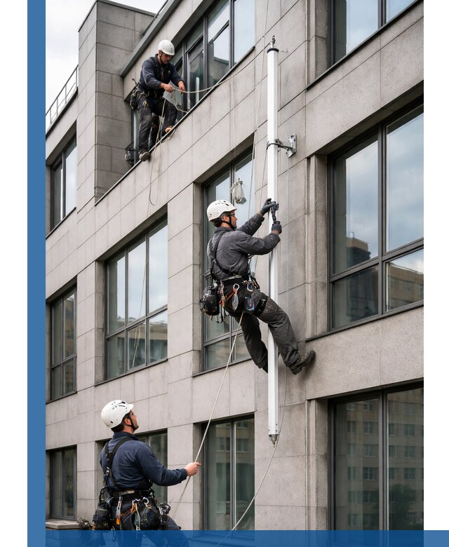 Монтаж флагштока на фасаде здания с креплением и герметикой в Устях-Лабинске