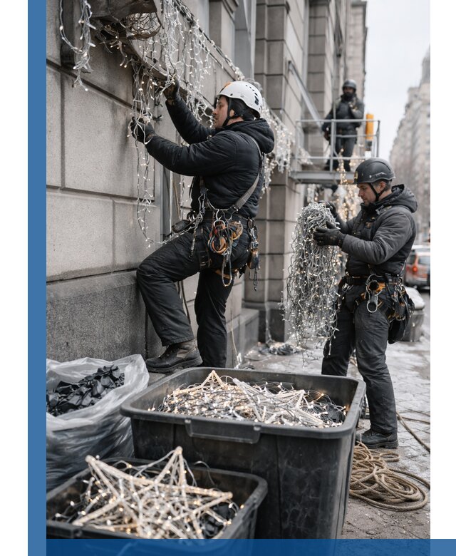 Демонтаж новогоднего оформления и гирлянд в Устях-Лабинске