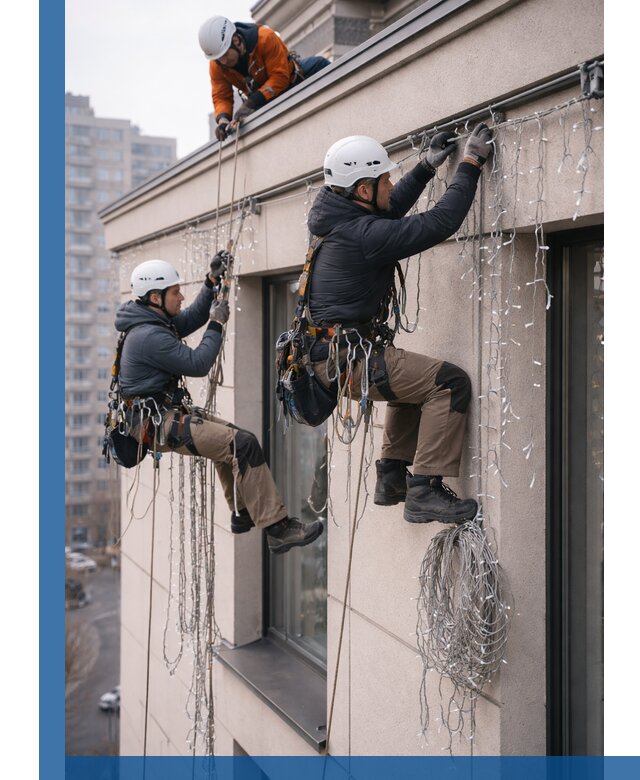 Монтаж праздничных гирлянд на фасаде в Устях-Лабинске для зданий