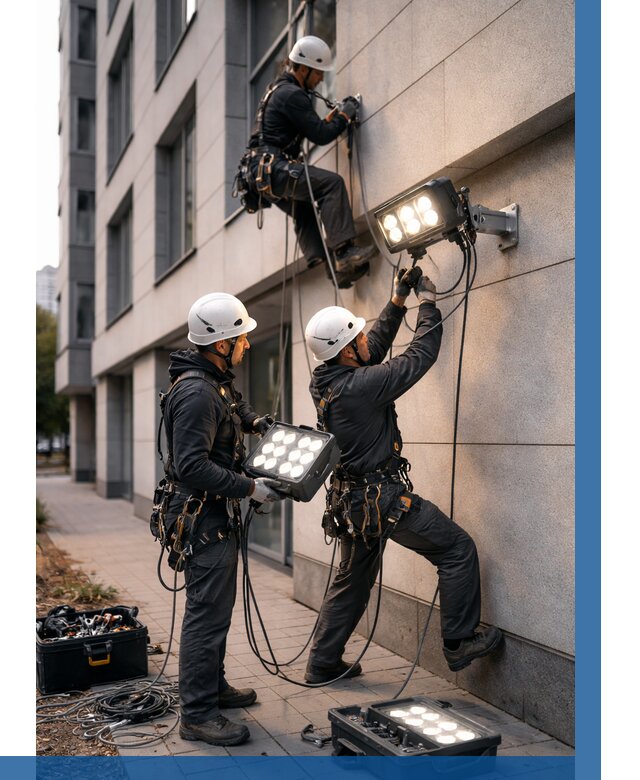 Монтаж прожекторов на фасаде в Устях-Лабинске от 7662 р. | ВЫСОТНИК-Улб
