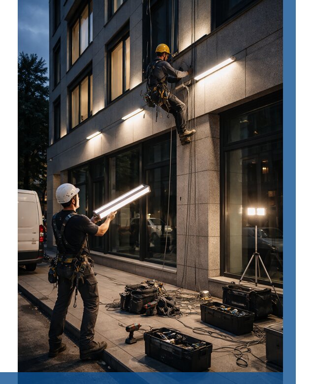 Монтаж архитектурной подсветки здания в Устях-Лабинске от 2554 р.|ВЫСОТНИК-Улб