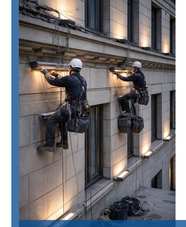 Монтаж архитектурной подсветки фасадов зданий в Устях-Лабинске