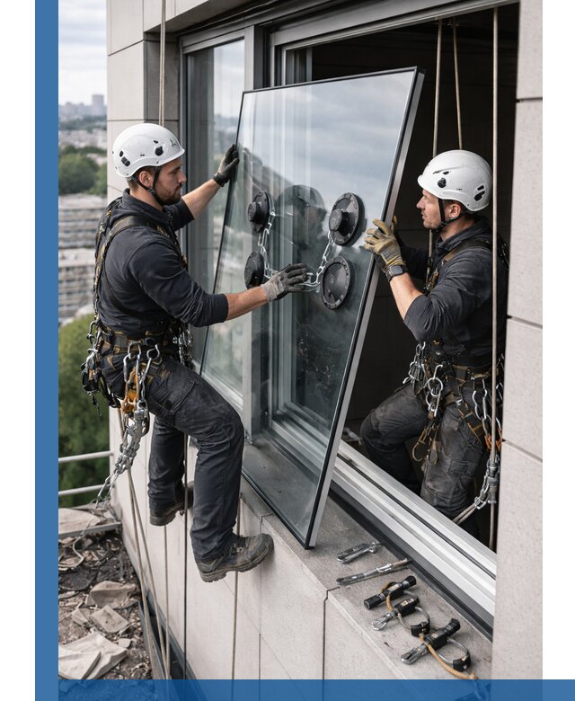 Замена стеклопакетов на высоте с промышленными альпинистами в Устях-Лабинске