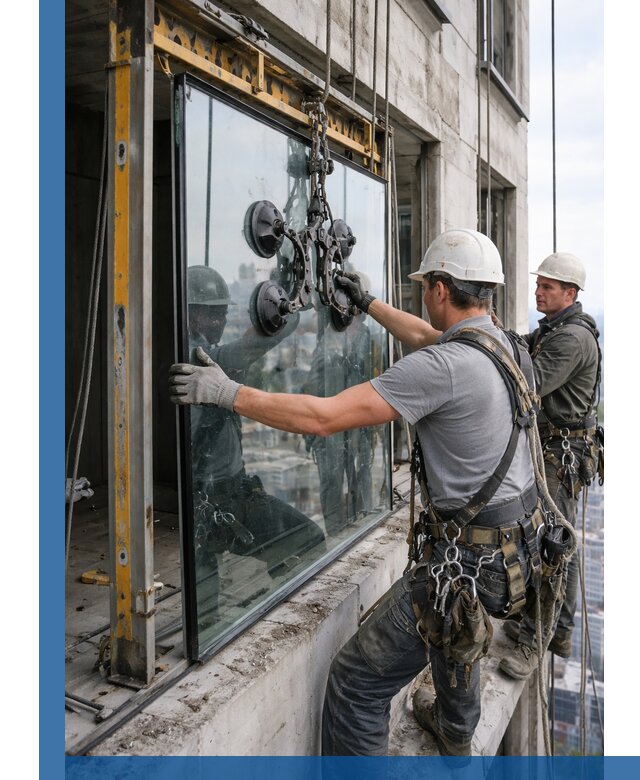 Монтаж стеклопакетов на высоте в Устях-Лабинске с промышленным альпинизмом