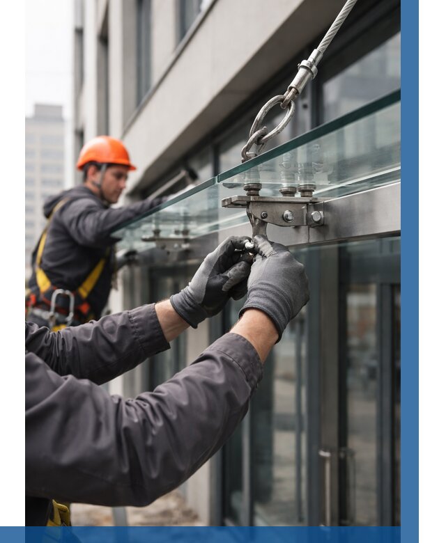 Монтаж стеклянных козырьков в Устях-Лабинске от 8684 р. | ВЫСОТНИК-Улб