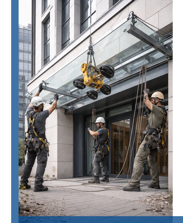 Монтаж стеклянных козырьков под ключ в Устях-Лабинске для зданий