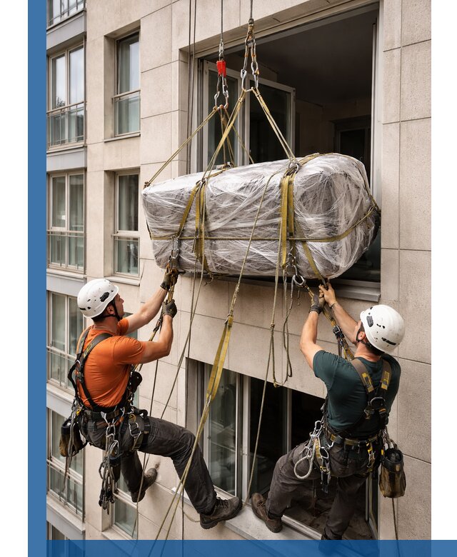 Подъем грузов через окно в Устях-Лабинске промышленными альпинистами