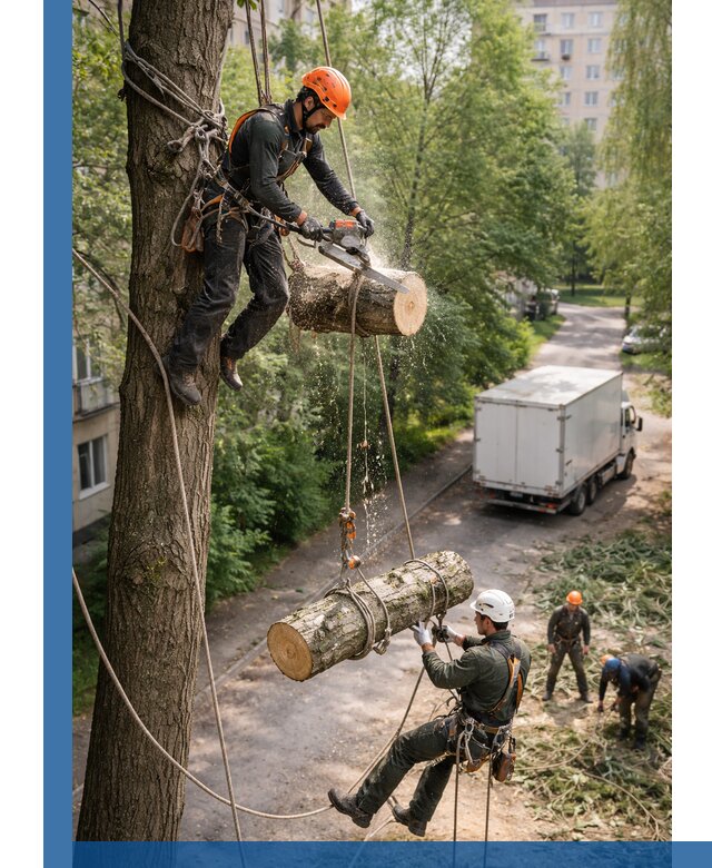 Спил деревьев альпинистами в Устях-Лабинске, безопасно и без повреждений
